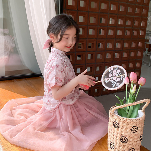 Elmo Beibei girls retro princess skirt  summer children's Chinese ancient style cheongsam gauze skirt two-piece suit
