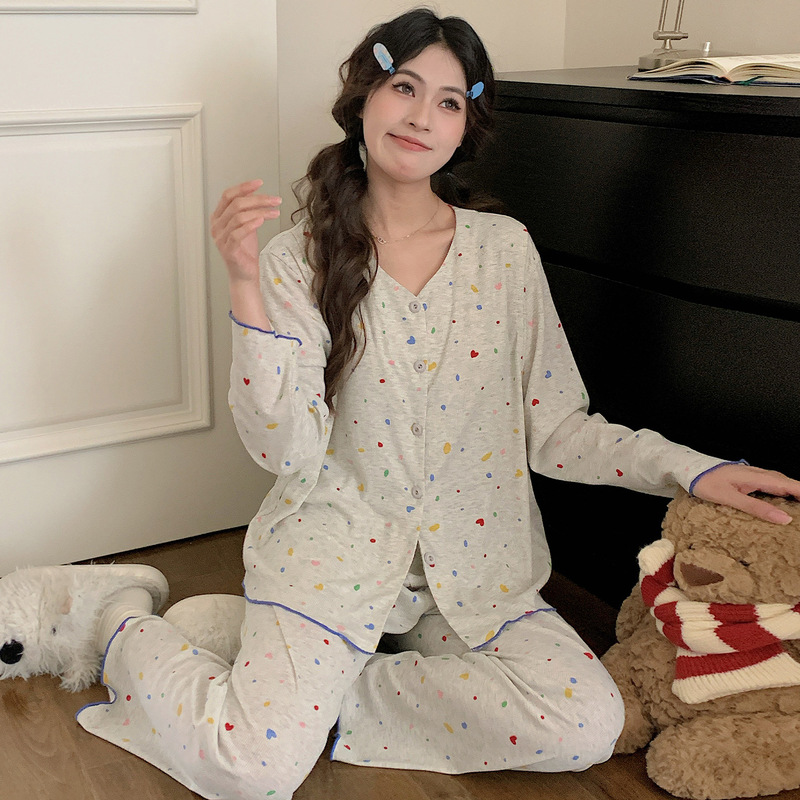 Threaded Modal Cotton Maternity Pajamas Cardigan Long-Sleeved with Chest Pads Spring Thin Postpartum Nursing Home Wear Set