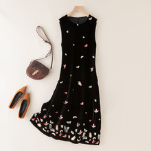 复古桑蚕丝蝴蝶刺绣无袖丝绒连衣裙秋季新中式国风工厂直销85142