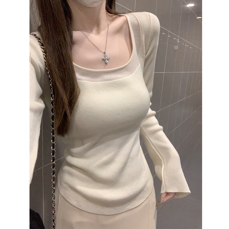 别致纯欲方领打底衫女内搭早春2025新款修身高级感长袖针织衫上衣|undefined