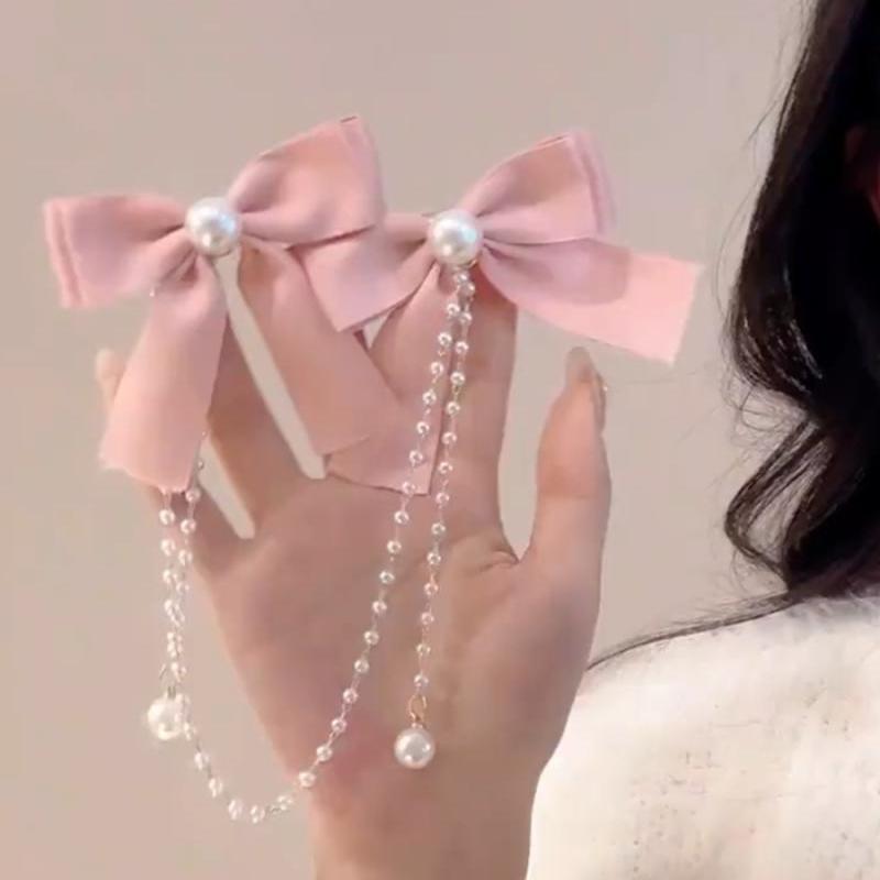 2026 New Year Bow Forehead Chain Pearl Tassel Hairpin High Aesthetic Versatile Hair Clip Pendant Hair Accessory Wholesale