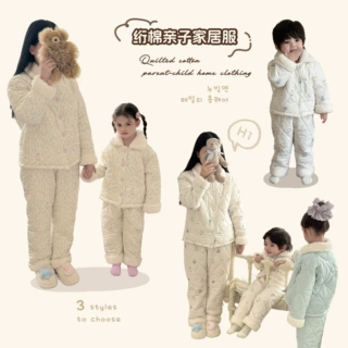 26新款秋冬儿童加绒棉服套装亲子装印夹棉加厚防寒保暖家居服睡衣