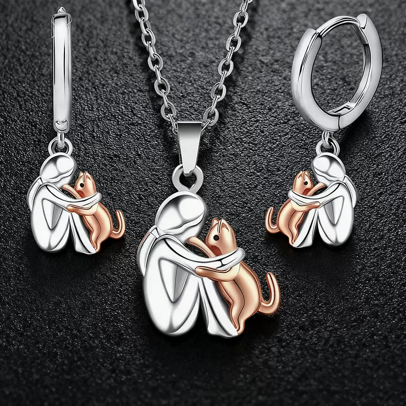 跨境新款卡通小女孩与狗狗耳钉女小众百搭简约高级感耳环饰品配饰