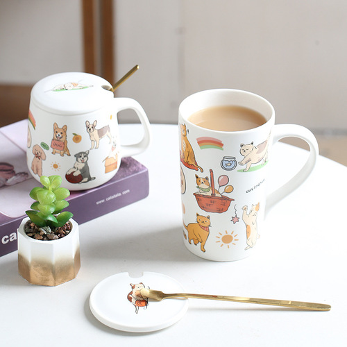 Pet Cartoon Cute Dog Cat Ceramic Mug Coffee Cup Spoon Water Cup Couple Milk Cup