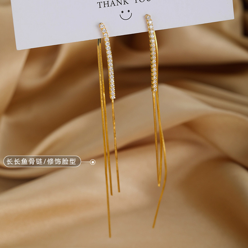 Advanced Sense Ear Line 2022 New Fashion Diamond Ear Line Women's Temperament Sterling Silver Long Tassel Snake Bone Earrings Autumn and Winter