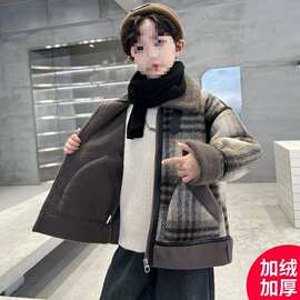 男童呢子大衣外套秋冬款25新款冬季加绒加厚中大儿童男孩冬装棉服
