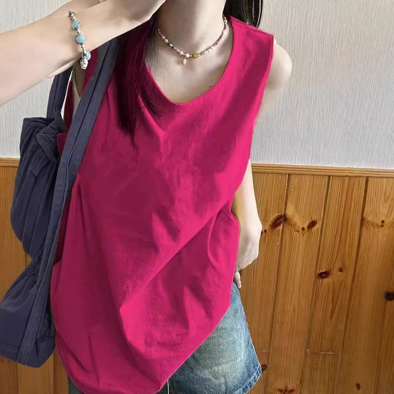 Rose Red Right Shoulder Pure Cotton Sleeveless Vest T-Shirt Women's Summer Ins Outer Wear Loose Casual Sports Uniform Vest Top Rose Red Right Shoulder Pure Cotton Sleeveless Vest T-Shirt Women's Summer Ins Outer Wear Loose Casual Sports Uniform Vest Top
