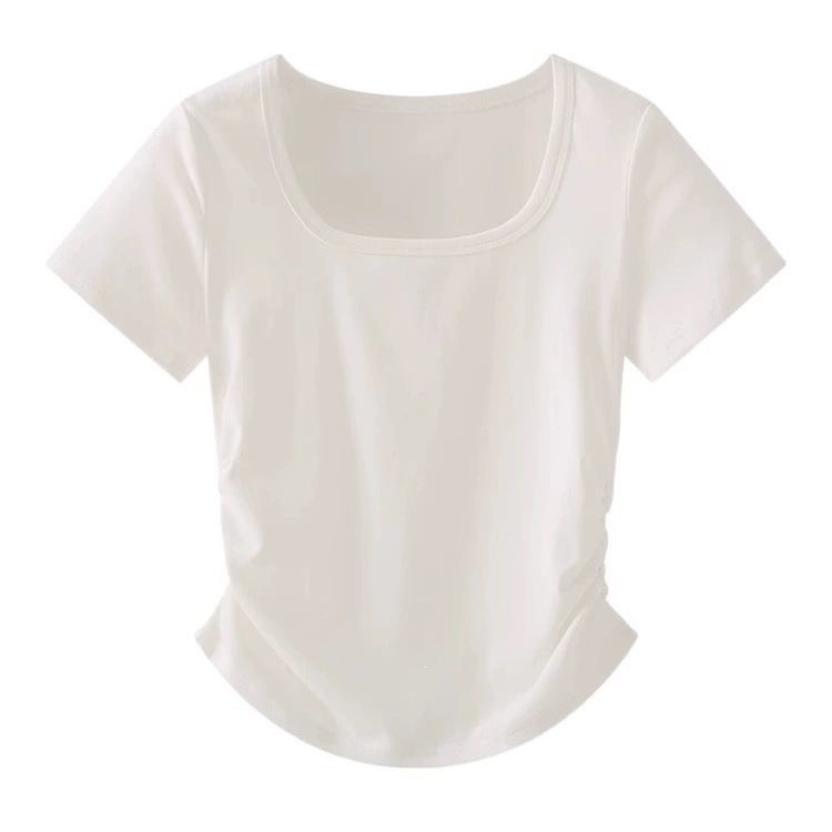 冰丝罗纹设计感弧形穿搭修身褶皱收腰上衣显瘦夏季短袖T恤女批发