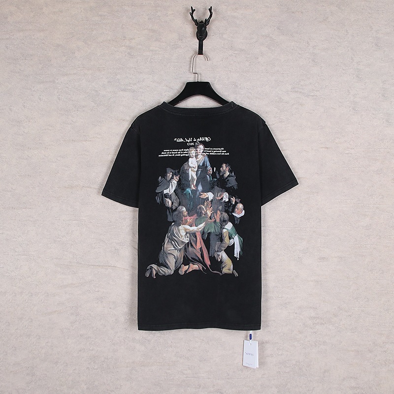 2024春夏新款 OW 洗水油画图案圆领套头短袖男款一件批发代发