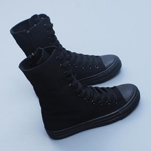侧拉链内增高帆布鞋春秋季新款百搭全黑色高帮鞋帆布短靴子抖音密