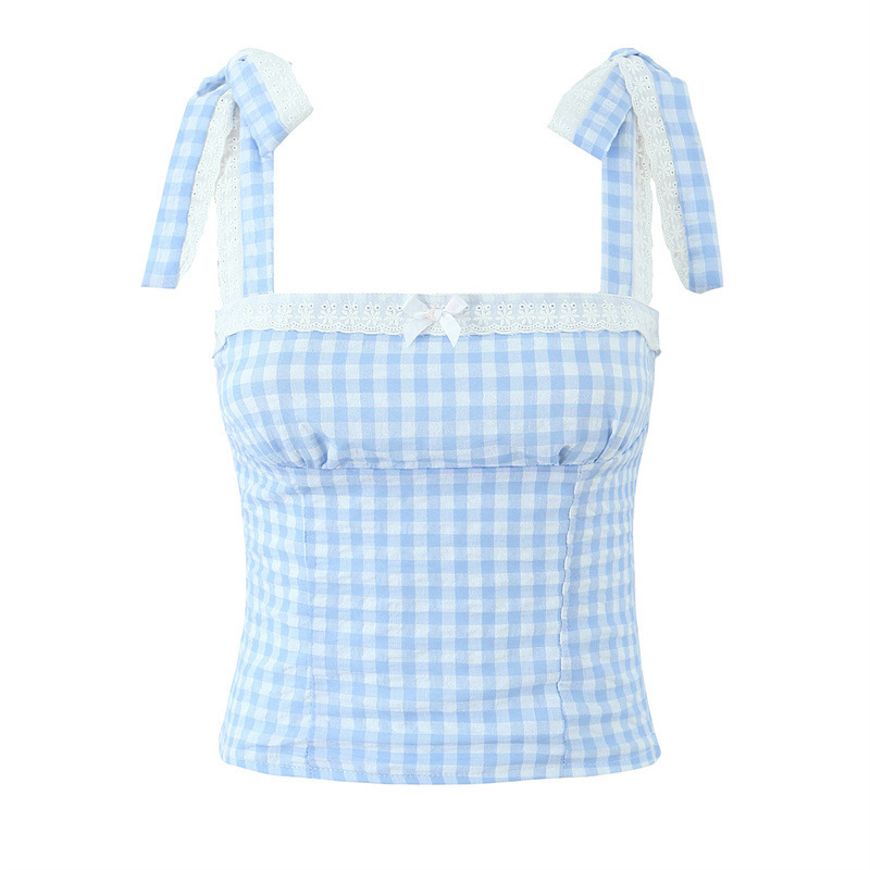 American Sexy Contrasting Color Lace Splicing Bow Decorated Plaid Camisole Versatile Slim Short Sweet Top