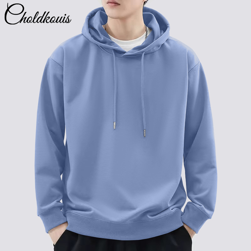 그레이 블루 후드 스웨트셔츠 레귤러 스타일 - 솔리드 컬러 [GL]