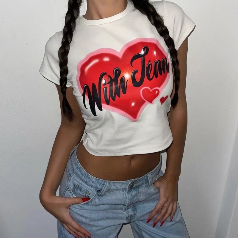 Letter heart Print Short Sleeve Round Neck Slim short T-Shirt NSXDX132723