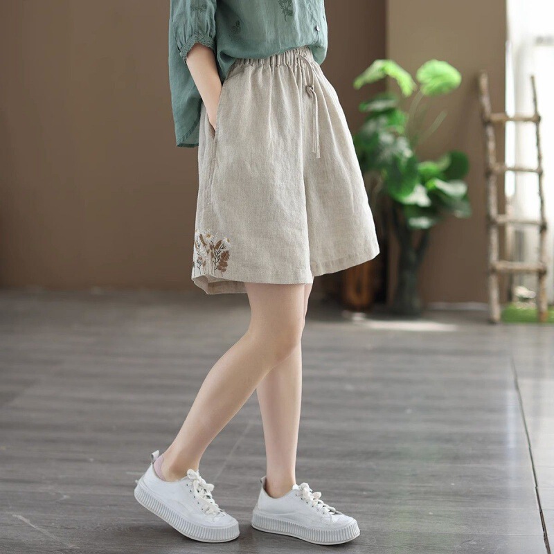 Summer New Shorts Women's High Waist Embroidered Versatile Straight Pants Thin Comfortable Breathable Cotton and Linen Quarter Pants Casual Pants