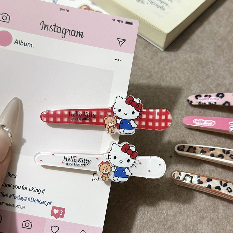 Акриловые заколки Hello Kitty, милые принты (леопард, горох, клетка), лёгкий набор из 6 штук