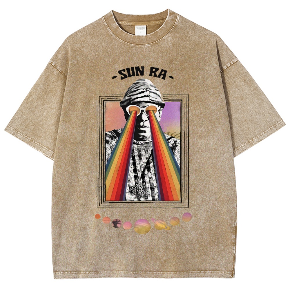 INS ホットセールメガネレインボーストリートクールレトロルーズラウンドネックピュアコットンメンズ Tシャツウォッシュ加工男性と女性用