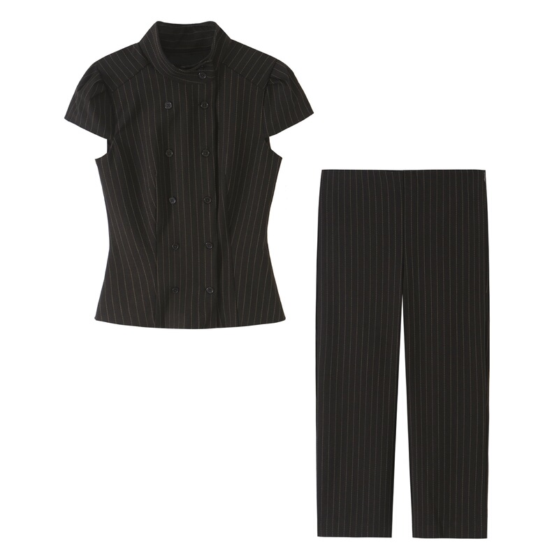 AliExpress wholesale autumn new striped stand-up collar double-breasted short-sleeve top and capri pants set for women 4764037 AliExpress wholesale autumn new striped stand-up collar double-breasted short-sleeve top and capri pants set for women 4764037