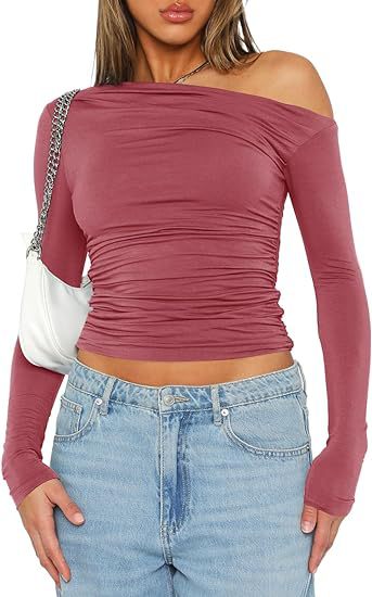 Transfronterizo Amazon europeo y americano de las mujeres de hombro asimétrico de color sólido ombligo superior de manga larga Sexy Slim temperamento camiseta image 14