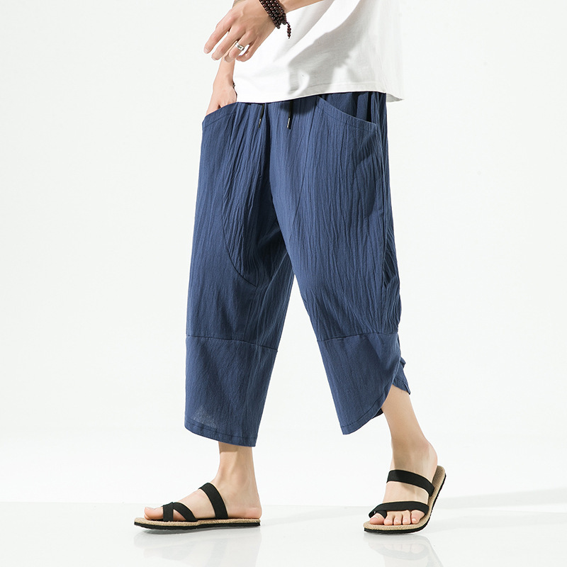 2025 Summer New Chinese Style Cotton and Linen Thin Cropped Pants Youth Loose Men's Casual Pants Wholesale