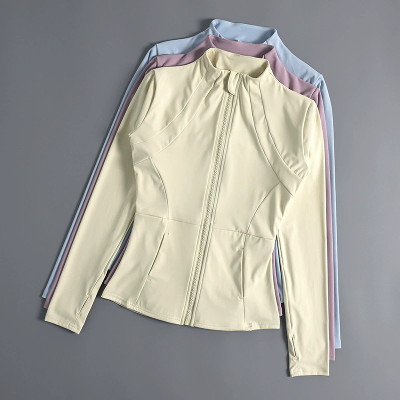 Одежда для йоги для женщин осенью и зимой, куртка на молнии с воротником-стойкой, облегающая посадка, защита от солнца, утягивающий вид, спортивный топ для бега с длинными рукавами для фитнеса