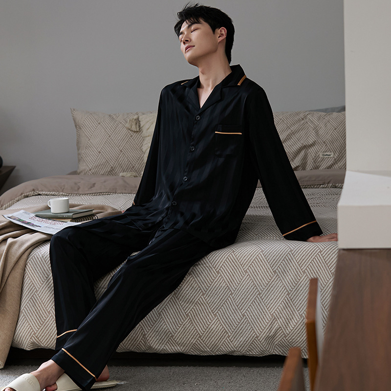 Men's Pajamas Spring and Summer Ice Silk Long-Sleeved Cardigan Striped Suit Can Be Worn Outside Autumn and Winter Home Clothes Breathable and Cool
