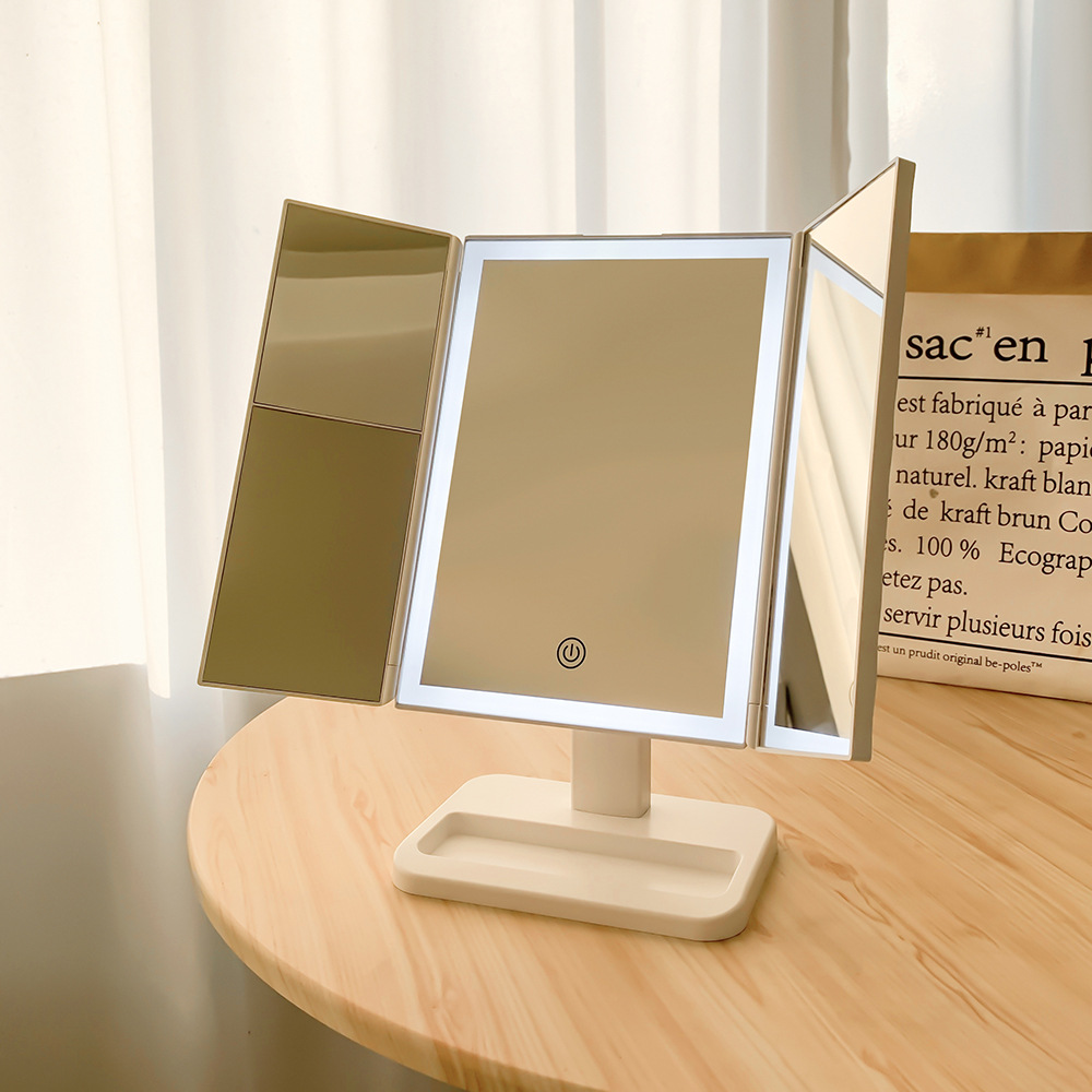 Espejo de maquillaje led Espejo de tres lados de escritorio plegable portátil Interruptor táctil Espejo giratorio de 180 grados Espejo de maquillaje de embellecimiento