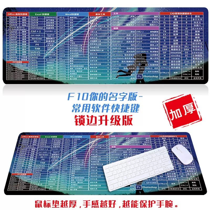 常用快捷键超大号卡通背景电脑办公桌垫游戏电竞防滑锁边 键盘垫