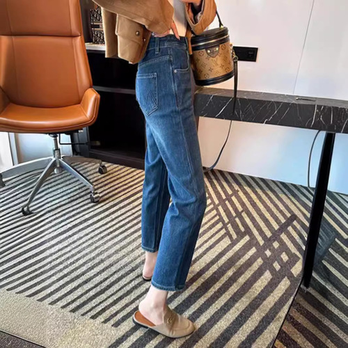 The Same Style Summer High-Waisted Straight Leg Denim for Women in Plus Size is Slim-Fitting and Versatile, with a 9-Inch Length.