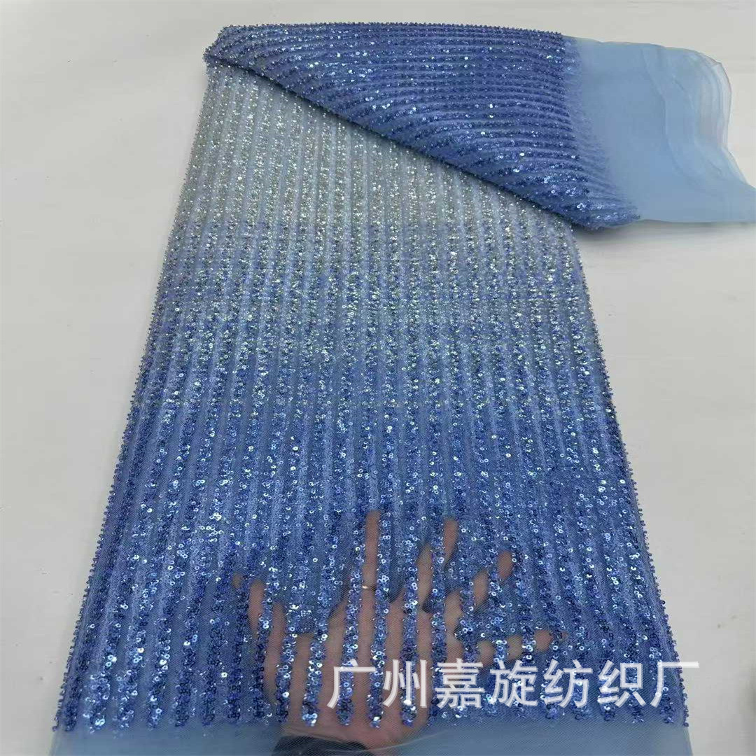 Nueva tela de encaje de malla con lentejuelas y cuentas, con franjas rectas de dos tonos en degradado, para vestidos de novia, moda y disfraces de espectáculo.
