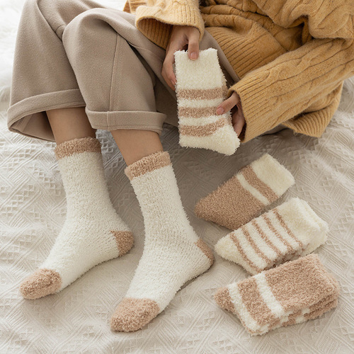 Autumn and winter coral velvet sleep socks thickened warm mid-tube home confinement socks striped floor socks women's socks wholesale
