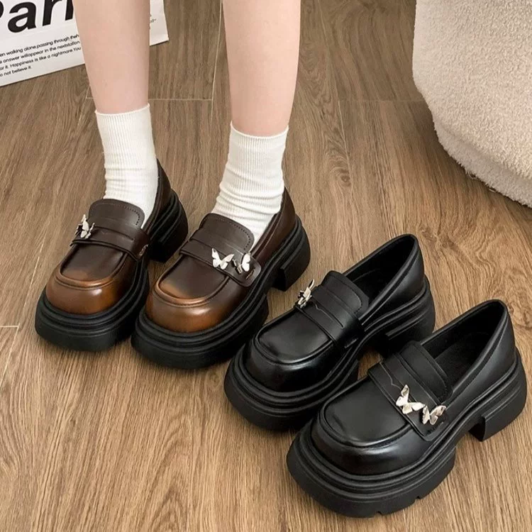 Женская кожаная обувь на толстой подошве в британском стиле, новинка весны 2024 года, универсальные Лоферы без шнуровки, модная Однослойная обувь в стиле ретро, увеличивающая рост