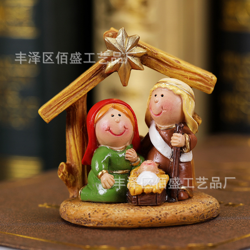Regalo de Navidad transfronterizo, nacimiento de personajes de dibujos animados, combinación de pesebre, adornos pequeños, decoración de vacaciones de escritorio, accesorios y manualidades