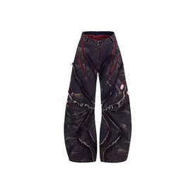 欧美高街重工炒雪花弯刀牛仔裤男春季毛边拼接网纱阔腿裤