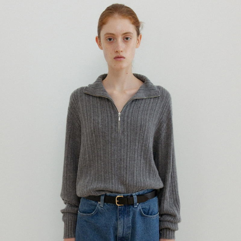 in stock LEROBE Zipper Sweater Women's Autumn and Winter New Korean Niche Loose Cashmere Wool Collar Sweater