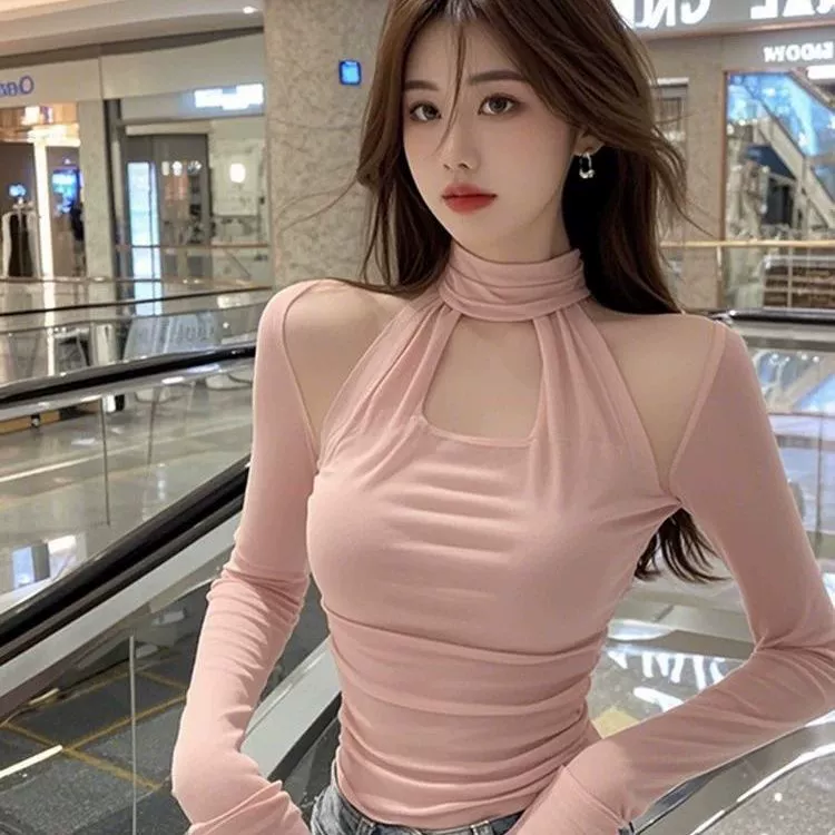 Сексуальная белая рубашка с длинными рукавами и вырезом на плечах в стиле горячей девушки для женщин с элегантным утягивающим коротким топом