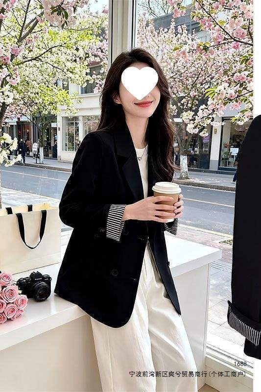 Women's black V-neck blazer for spring and autumn, new Korean style, loose, casual, slimming, double-breasted, suitable for commuting.