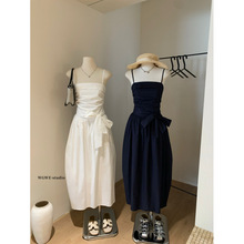 塞纳【WGWE】6037韩版百搭显瘦蝴蝶结系带收腰吊带连衣裙气质长裙