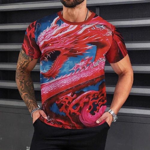 Xiangrui China Red Dragon 3D Digital Printing Summer Men's Regular Shoulder Mesh Breathable Crew Neck Loose T-Shirt