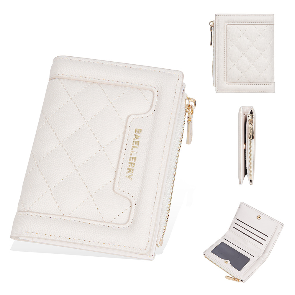 Cartera de mujer Baellerry color cálido monedero corto con cremallera a presión, bolso de tarjeta con patrón de diamante con borde, billetera