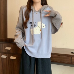 Plus Size Korean Style Loose Lazy Hooded Knitwear for Women 2025 Spring & Fall Fashionable Age-Reducing Slimming Look Color-Blocked Embroidered Knitwear