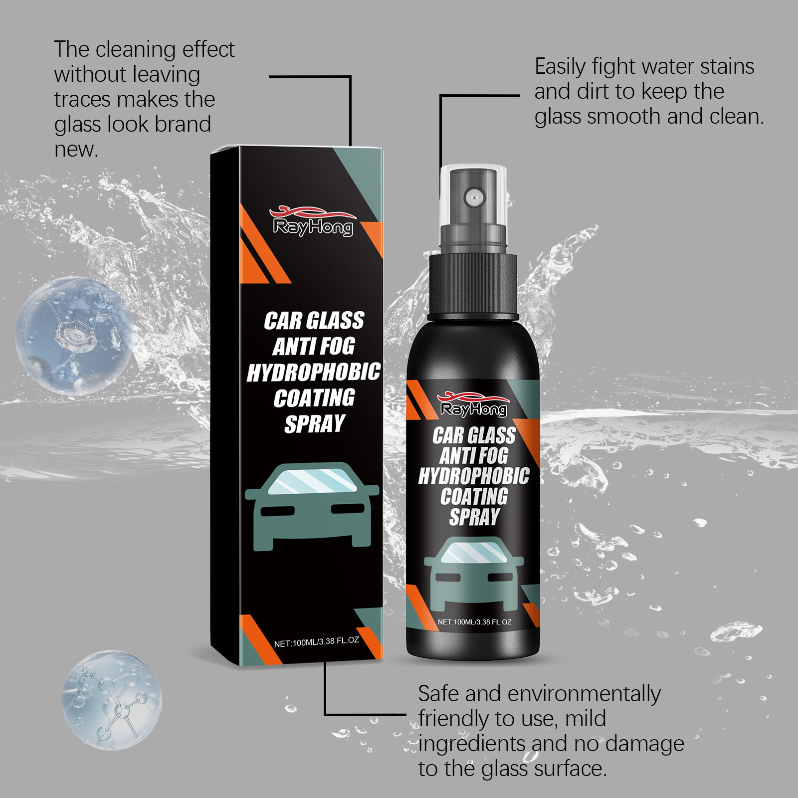 Rayhong Car Windshield Spray Windshield Rearview Mirror Cleaner Stain Remover Water Repellent Anti-Fog Agent