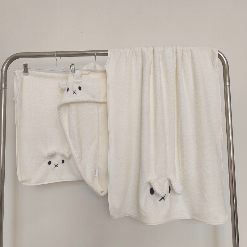 Cute Miffy Rabbit Towel, Coral Velvet Soft Absorbent Bath Towel, Household Children's Bath Towel, Hair Drying Cap, Three-Piece Set