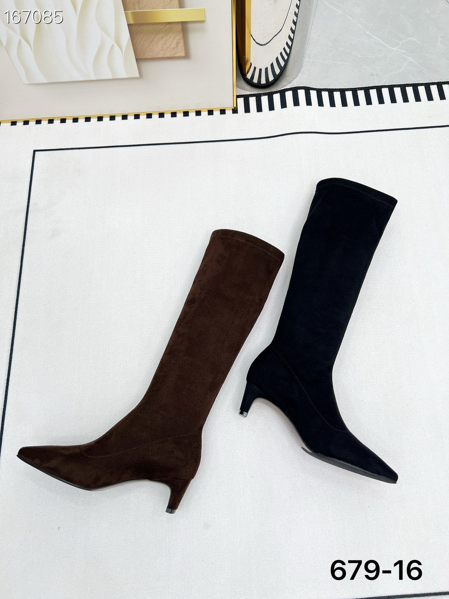 Boot nữ cổ cao ôm bắp chân da mờ mũi nhọn gót nhọn cao 2025 — Màu đen, Màu cà phê chi tiết 8