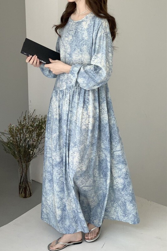 Can Be Worn Outside as a Nightgown, Women's Long-Sleeved Long Cotton Silk Dress, Extra-Long Dress, Suitable for Tall People, Can Be Worn in Spring, Autumn, and Summer