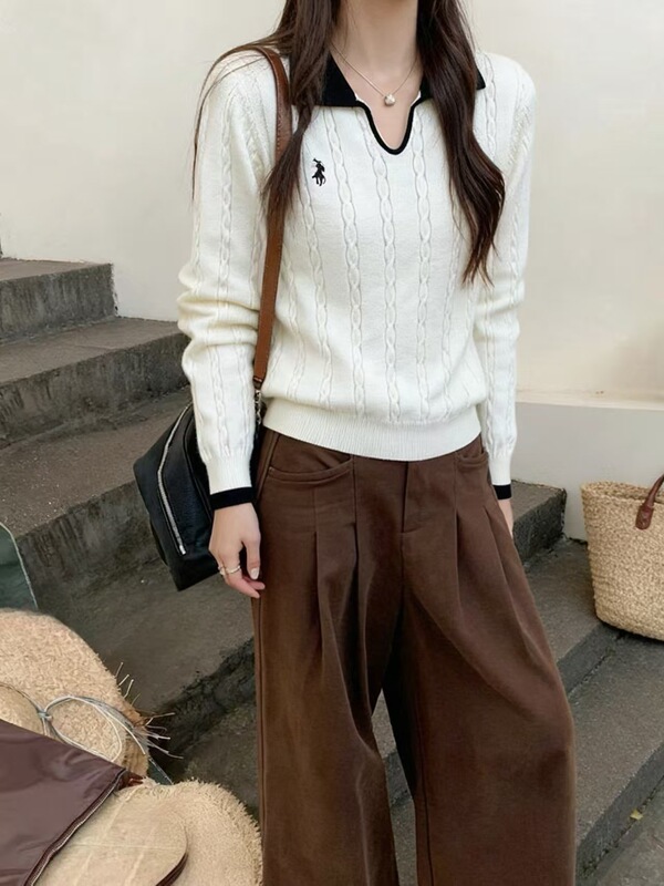 2025早秋新款女装韩系百搭毛衣设计感简约风套头V领刺绣针织上衣|undefined