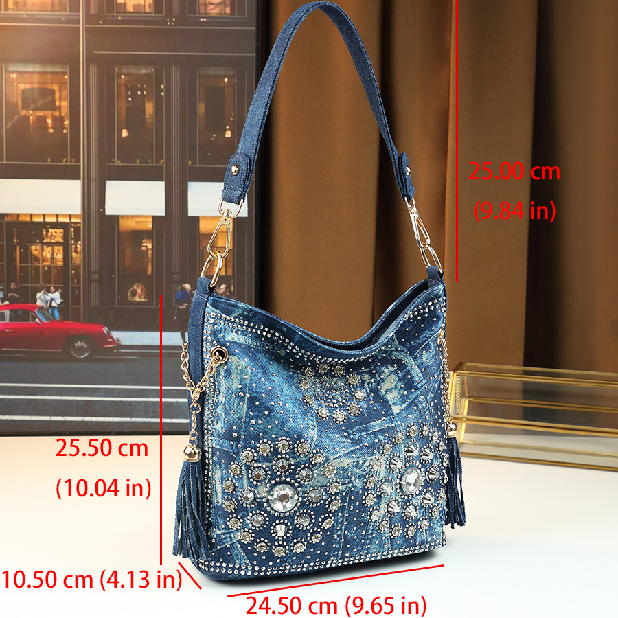 Borsa tote da donna in denim con decorazioni di strass, borsa a tracolla trendy in stile europeo e americano_voghion.com