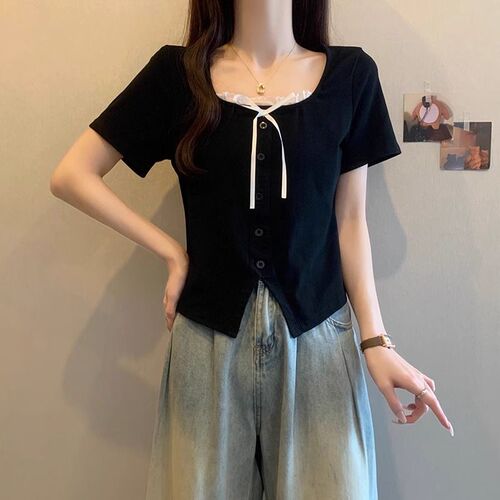 Pink Square Collar Regular Shoulder Short Sleeve Women's T-Shirt 2025 Summer MM Slimming Bowknot Lace Splicing Short-sleeve Top