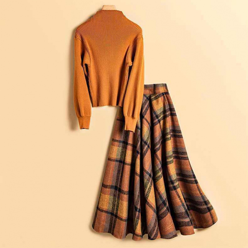 [Factory Shop] Light Luxury suit Autumn and Winter Half-turtleneck Loose Sweater High Waist Plaid Large Overskirt