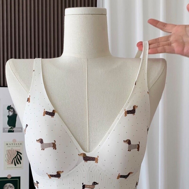 Sweet Dachshund Puppy Seamless Milk Skin Bra for Women, Small Chest Gathering, Comfortable Wireless Bra, Thin Style