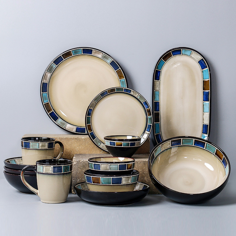 OMK American Style Bowl Set Ceramic Vintage Western Restaurant Steak Pagatti Plate Household Dining Bowl Deep Plate Noodles Bowl